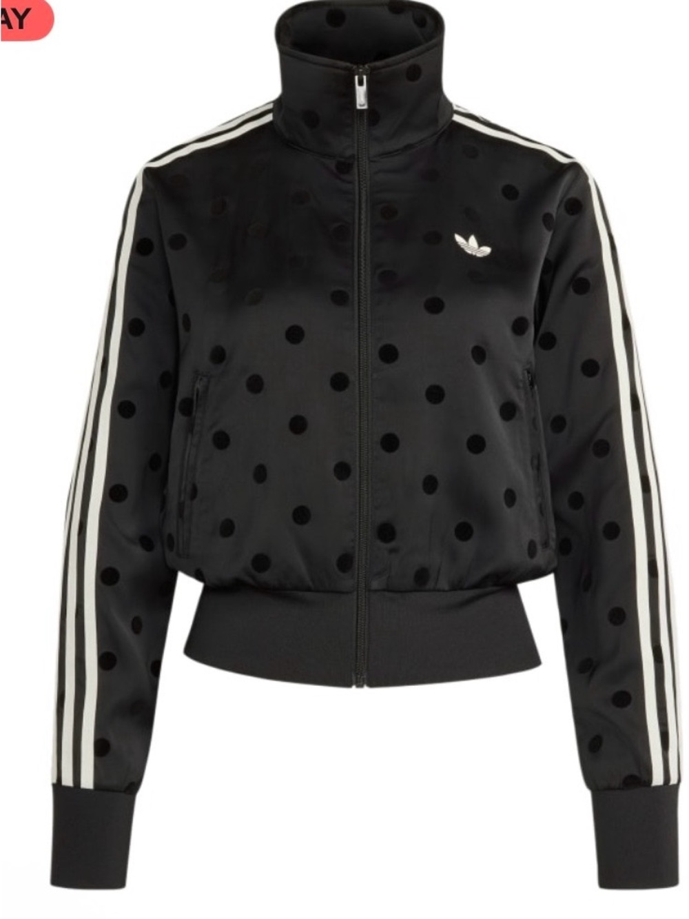 adidas Black Polka Dot Three-Stripe Satin Cropped Bomber Jacket